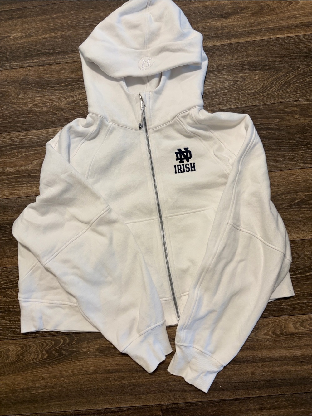 NWOT White 'Irish' Zip-Up Scuba Hoodie with Embroidered Logo